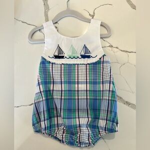The Beaufort Bonnet Company Blue and Green Plaid Bubble Romper NWT